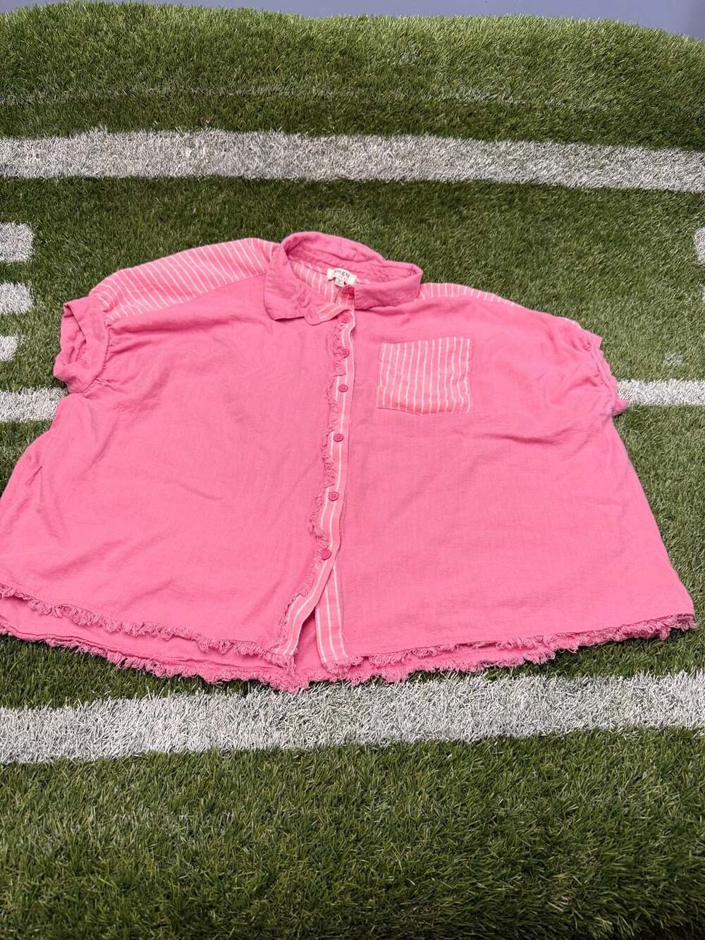 Umgee Pink Gauze Button Down Top with Striped Contrast Details and Frayed Hem